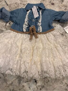 Little Lass Blue Denim and lace Dress with Cream Lace Skirt and Tan Braided Belt